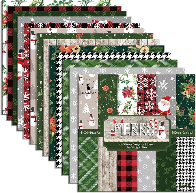 Christmas Pattern Scrapbook Paper, 6 Inch Card Production Supplies, 24 Sheets Single Sided Acid-Free Cardstock Greeting Card, Handmade Gift Journaling Craft Kits (C-style)