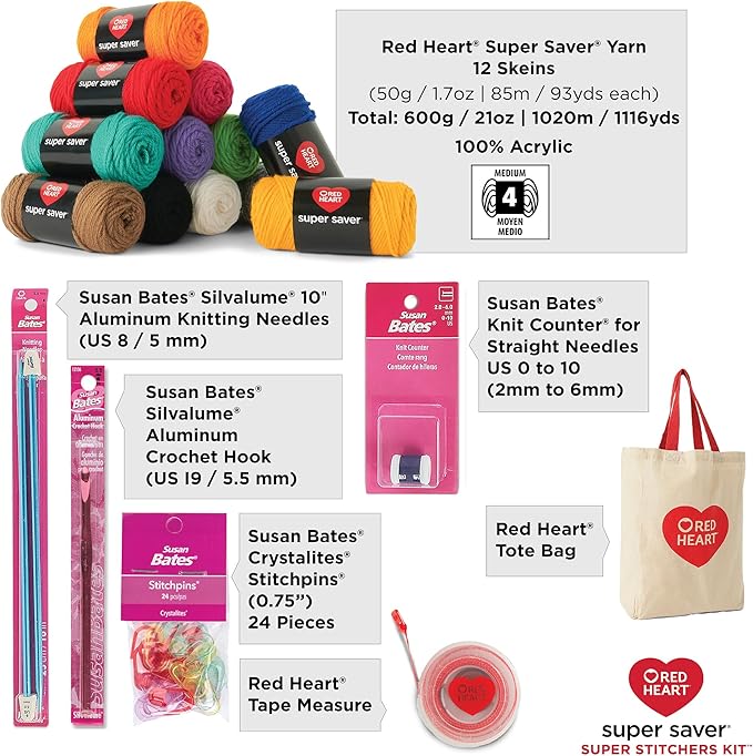 Red Heart Super Saver Yarn Stitchers Kit, 12 Balls, 1 Tote Bag, 1 Knitting Needle, 1 Crochet Hook, 1 Measuring Tape, 1 Knit Counter