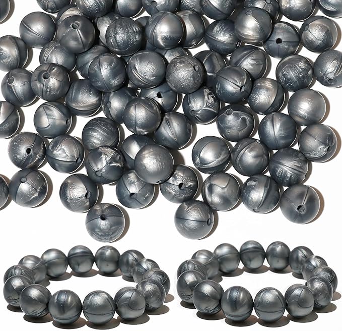 120pcs Richbunnys 15mm Bulk Silicone Beads for Pens and Keychain Making,Large Bead for Necklace and Bracelets Making,Assorted Rubber Beads Set（Pearlescent Silver）