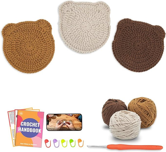 PAITIN Crochet Starter Kit – Easy DIY Craft Set for Adult Beginners, Handmade Yarn Art Project with Video Guidance (Bear Coaster)