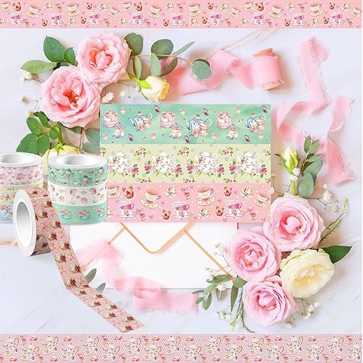 12 Rolls Tea Party Washi Tape, Afternoon Tea Decorative Tape for Scrapbooking Bullet Journals Planners, Party Decorations, DIY Crafts Gift Wrapping, 16.4FT