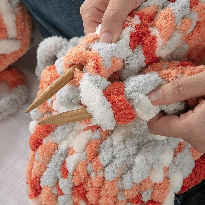 MABOZOO Tie Dye Chunky Yarn for Crocheting 8 Pack,Fluffy Jumbo Chenille Yarn,Soft Plush Yarn Bulky,Giant Thick Fuzzy Yarn for Hand Knitting or Arm Knitting,Orange & Grey (26 yds,8 oz Each Skein)