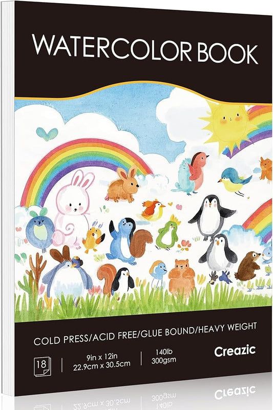 Creazic Watercolor Paper Pad, 9"x12" Watercolor Notebook, 140lb/300gsm, 18 Sheets Cold Pressed - No Bleed, Heavyweight Art Paper for Watercolor & Mixed Media - Water Color Sketchbook for Kids, Black