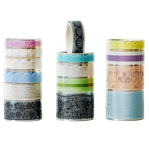 15 Rolls Lace Patterns PET Tapes Floral Arts Decorative Tape Set Adhesive Transparent Masking Tapes for DIY Craft, Kids, Scrapbook, DIY, Gift Wrapping, Journal (4-Dreamlight Glimmer)
