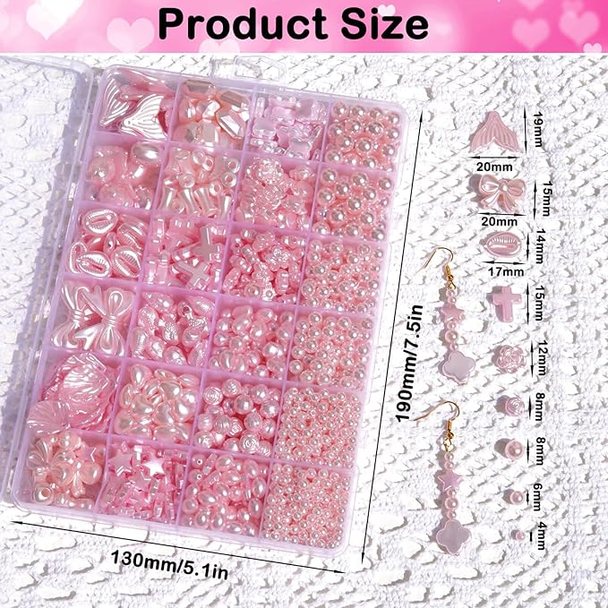 1170 Pcs ABS Imitation Pearl Beads for Jewelry Making, Assorted Heart Star Bowknot Circle Flower Aesthetic Cute Bead for Bracelet Necklaces Earrings Key Chains DIY Phone Charm Crafts (Pink)