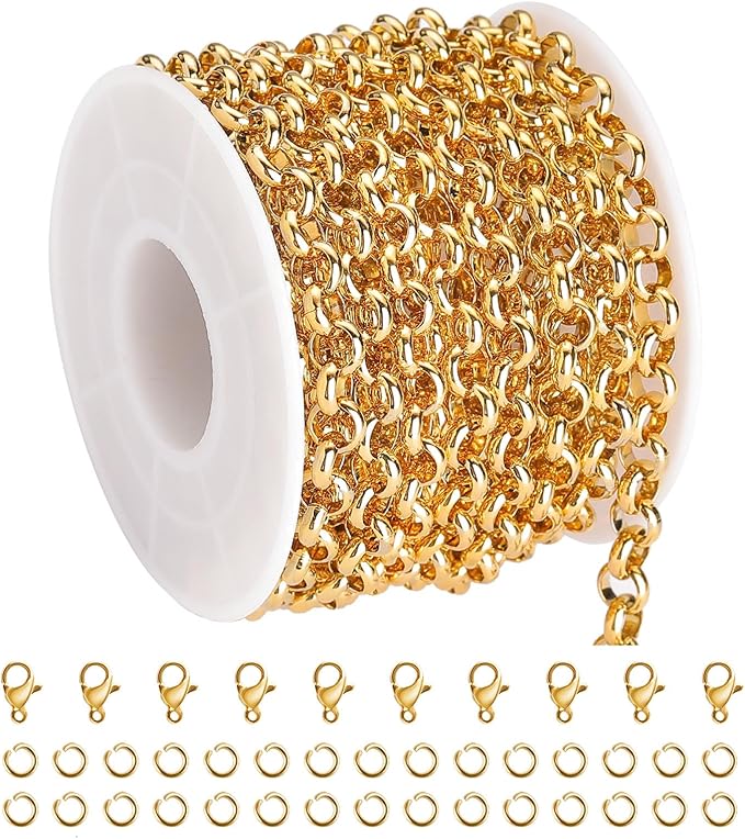 KYUNHOO 13 Feet/4M Gold Plated Chain for Jewelry Making 6mm Round Circle Chain Link on Spool Stainless Steel Chain Roll for Handcraft Making Supply Jewelry Findings