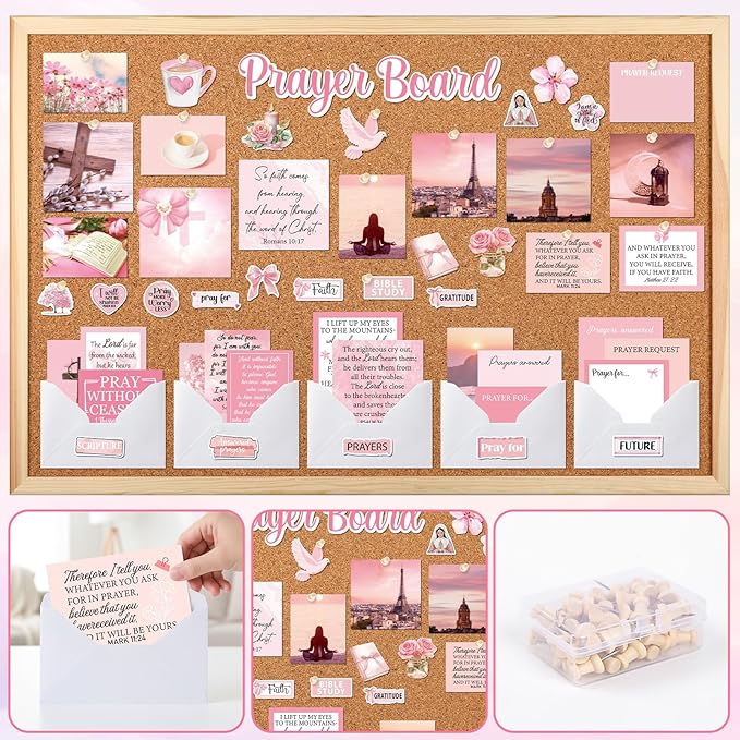 Prayer Board Stickers Supplies - 162 Pcs Prayer Board Kit with Pins Envelope Bible Verse Quotes Cards, Motivational Scrapbook Stickers for Women, Bible Study Supplies (Not Cork Board)