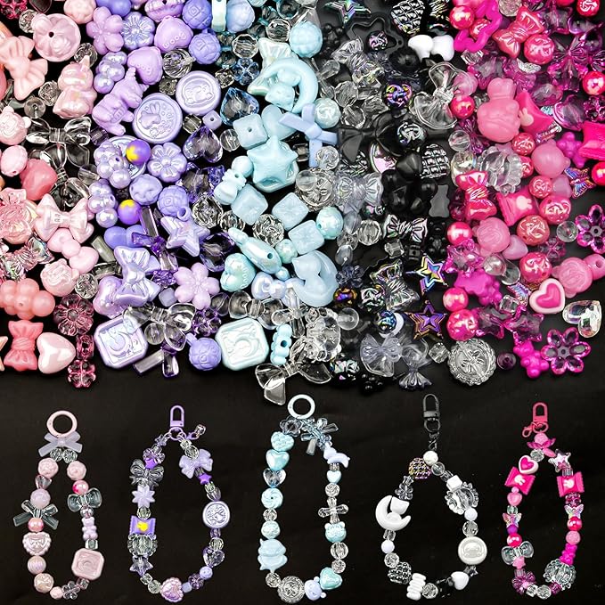 ABONDEVER 245-300Pcs Assorted Acrylic Beads for Bracelets Making Cute Star Bow Flower Candy Heart Gummy Bear Butterfly Aesthetic Beads for DIY Jewelry Crafts Keychain Necklace Phone Charms(5 Colors-B)
