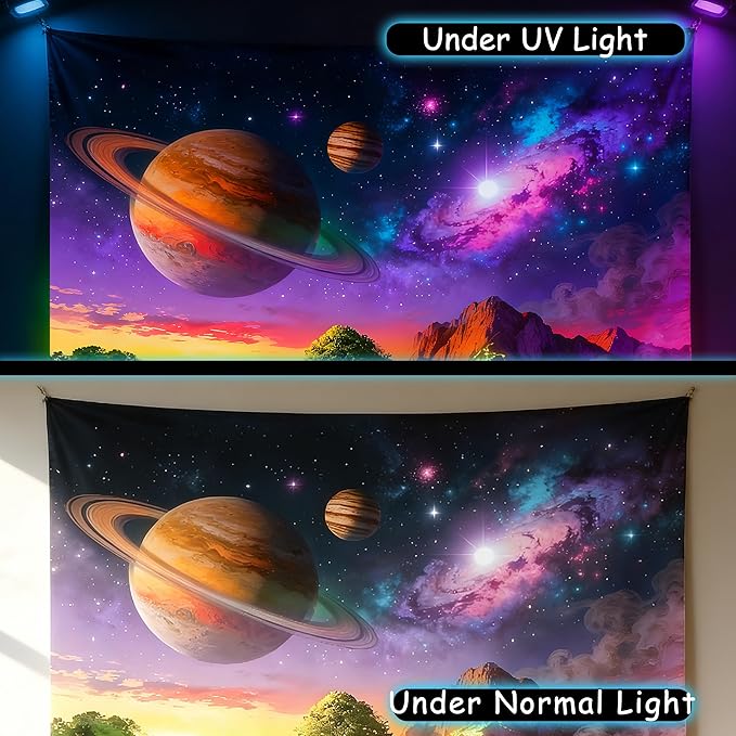 Duoduobuy 59x51 Inch Blacklight Tapestry Black Light Posters Glow in the Dark Tapestry Galaxy Space Tapestries Trippy Landscape Planet Magical Trees Crystals Wall Decor with Traceless Nail Hook Kit