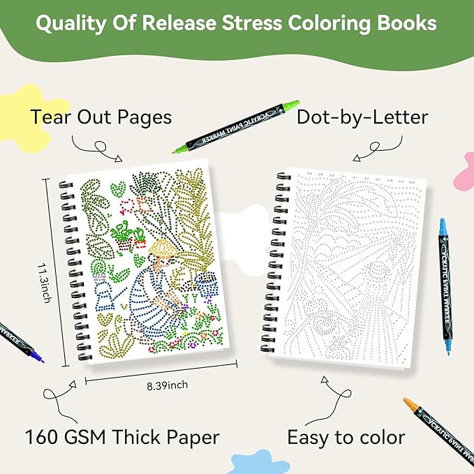 Coloring Book,Village Dot Art Meditations with 12 PCS Acrylic Markers,Mindfulness Adult Coloring Book-Relaxing,Anti-Stress,30 Patterns Coloring Books for Adults,Dot Art for Adults-Country Scenery