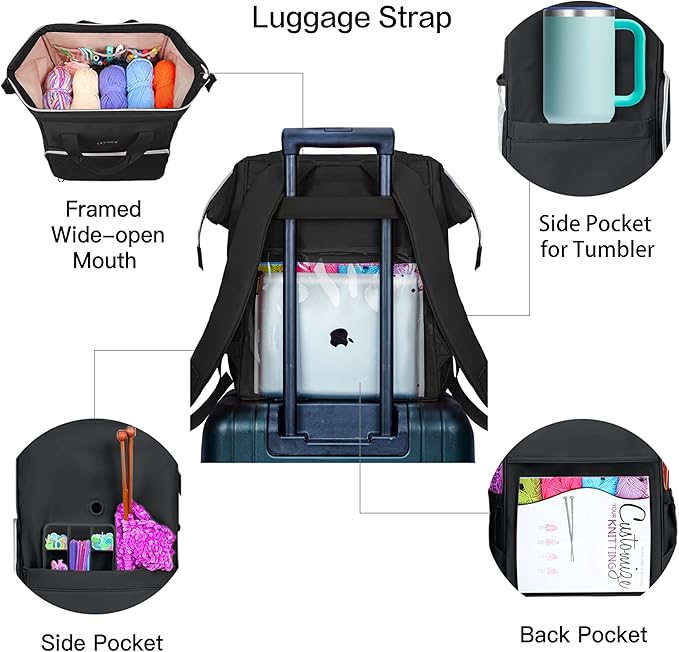 Leudes Knitting Bag Backpack,Yarn Storage Organizer Large Crochet Bag Tote Christmas Gift Yarn Holder Case for Carrying Projects,Knitting Needles (Black)