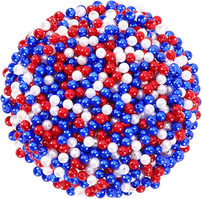 UPINS 1200Pcs Red White Blue Beads,8mm 4th of July Beads Independence Day Patriotic Pearl Beads for Jewelry Making Party Decoration Necklace Bracelets Earrings Hair Beads DIY Crafts Supplies