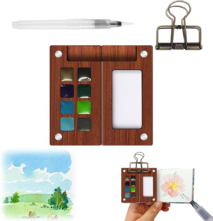 Mini Paint Palette Travel kit - Mini Watercolor Palette Set, Pocket Artist Water Color travel Set with Colours, Binder Clips, Watercolor Pens, Wooden Paint Box for Painters Artists Students