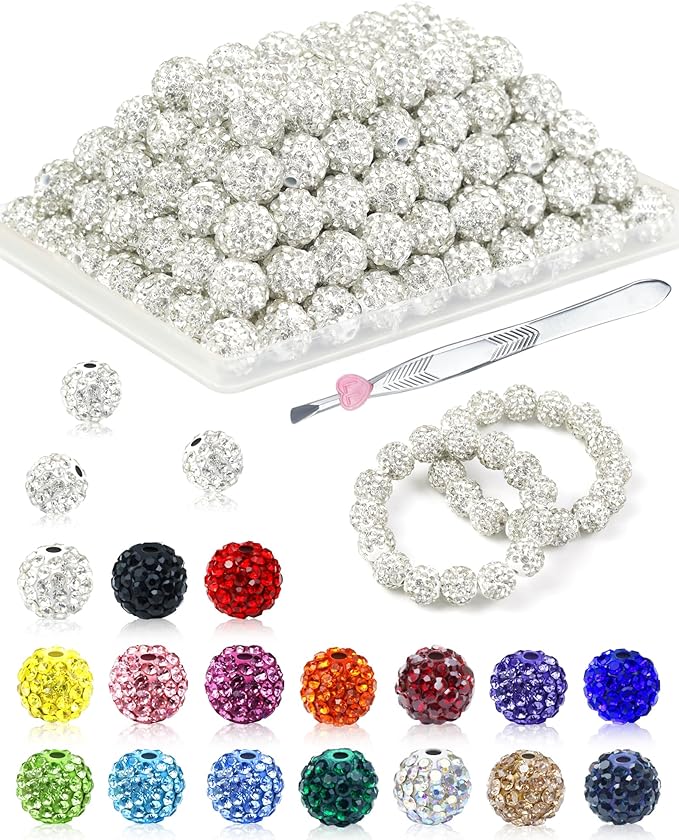 120PCS FIVEIZERO Rhinestone Beads for Jewelry Making, 10mm Crystal White Shiny Round Sparkle Crystal Clay Bead Bulk Sparkly Baseball Necklace Beads for Bracelets and DIY Crafts