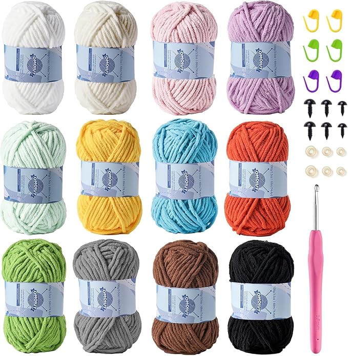 12 Pack Fluff Chenille Chunky Yarn for Crocheting Premier Puzzle - Velvet Baby Crochet Yarn with Black White Purple Pink Blue Coffee Red Khaki Yellow Amigurumi Set C