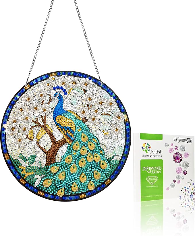 VAIIEYO Peacock Diamond Painting Hanging, Bird Animal Diamond Painting Suncatchers Window Hanging Kit with Chain, 7.5x7.5 inch Crystal Pendant Art Craft for Gift Home Wall Front Door Decoration