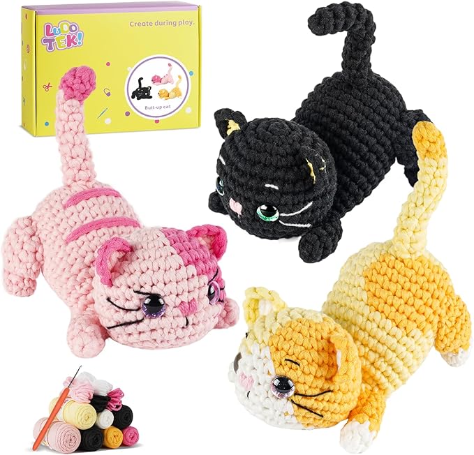 LUDOTEK Crochet Kit for Beginners, Crochet Animal Kits,Crocheting Kit for Starters with Step-by-Step Video Tutorials, Beginner Crochet Kits for Adults(3 Pack cat)