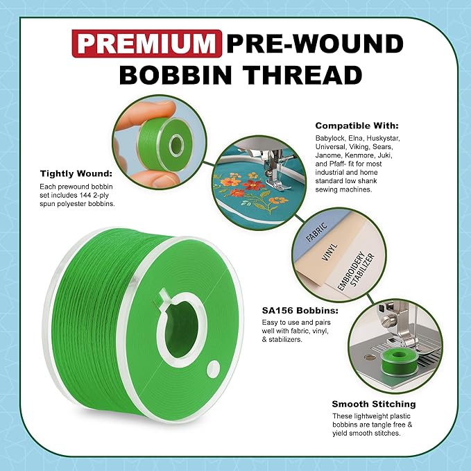 Mandala Crafts 144 Green SA156 Prewound Bobbins for Singer Sewing Machine -15J SA156 Prefilled Bobbin Thread for Brother Sewing Machine and Embroidery