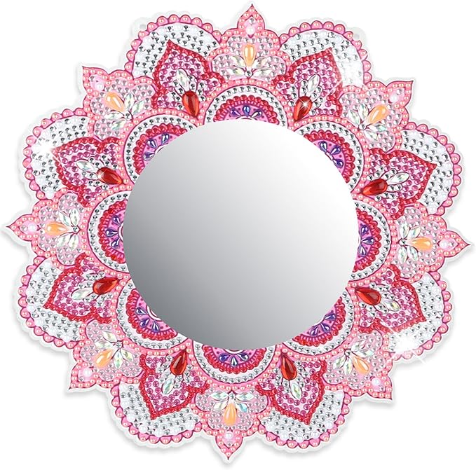 DIY Diamond Painting Mirror for Adults DIY Special Shaped Crystal Diamond Painting Kit Mirror Makeup Mirror Christmas Halloween Birthday Gifts Art Crafts Home Decor (Pink)