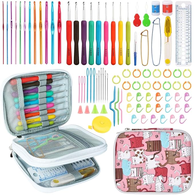 HATINXIA Crochet Hooks, 85pcs Crochet Hook Set with Storage Case, Yarn Crochet Kit for Beginners, Ergonomic Crochect Needles DIY Knitting Accessories Tools for Experienced Crochet Lovers, C2 Cat