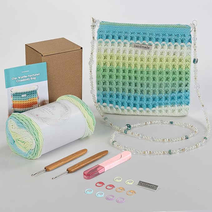 CrochEaze Crochet Kit for Beginners, Crochet Tote Bag Set with Step-by-Step Video Tutorials, Including Gradient Color Yarn, Crochet Hook, Heart-Shaped Bag Strap (Pouch-Green)