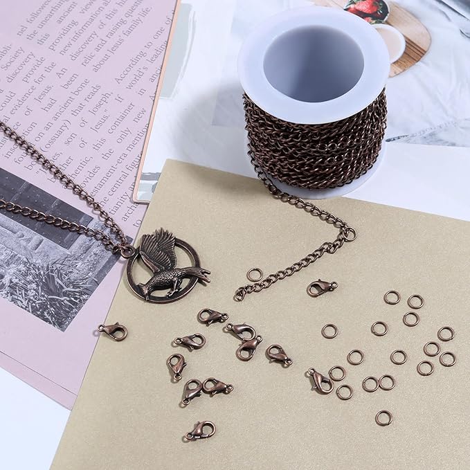 Lemonkey 33 Feet Metal Red Copper Necklace Chains Curb Links Chains Bulk for Jewelry Making DIY Craft Kit with Lobster Clasps Jump Rings