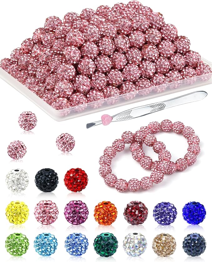 120PCS FIVEIZERO Rhinestone Beads for Jewelry Making, 10mm Dark Pink Shiny Round Sparkle Crystal Clay Beads Bulk Sparkly Baseball Necklace Bead for Bracelets and DIY Crafts