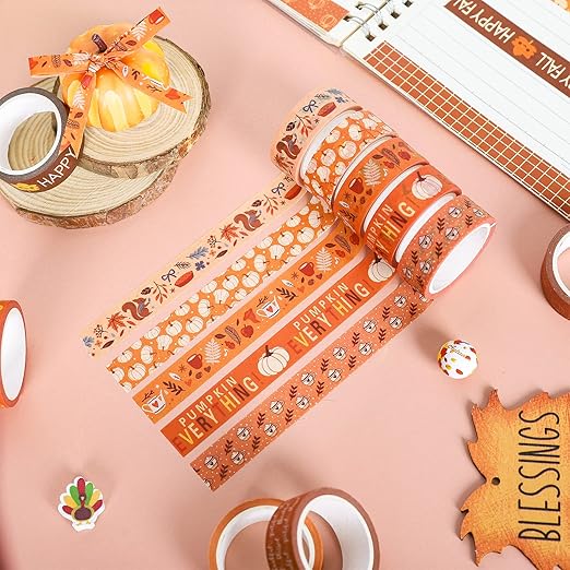 Whaline 12 Rolls Fall Thanksgiving Washi Tapes Assorted Autumn Pattern Decorative Tapes Pumpkin Turkey Dots Masking Tapes for Fall Thanksgiving Scrapbook Journal DIY Craft Gift Wrapping, 0.6Inch