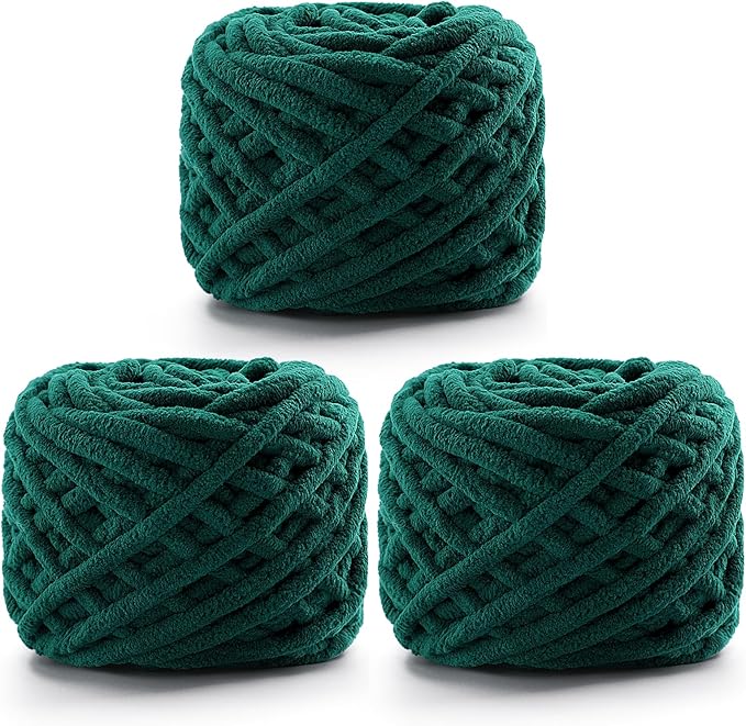 3 Pack Chunky Chenille Yarn for Crocheting, Fluffy Baby Blanket Yarn for Crochet Sweater Shawl Scarf Gloves, Super Soft Amigurumi Plush Yarn 222 yds/10.5 Oz (Blackish Green)