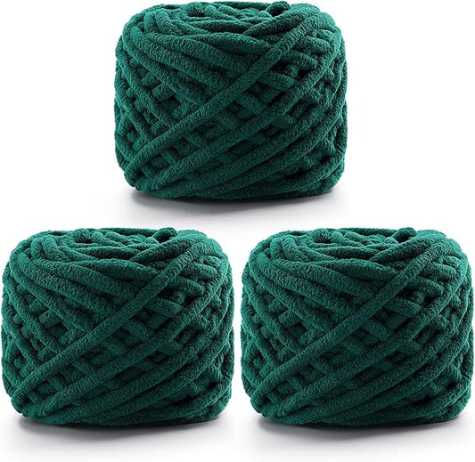 3 Pack Chunky Chenille Yarn for Crocheting, Fluffy Baby Blanket Yarn for Crochet Sweater Shawl Scarf Gloves, Super Soft Amigurumi Plush Yarn 222 yds/10.5 Oz (Blackish Green)