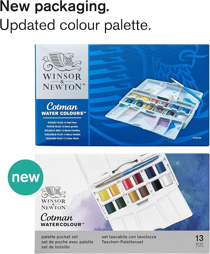 Winsor & Newton Cotman Watercolor Paint Set, Palette Pocket Set, 12 Half Pan w/ Brush