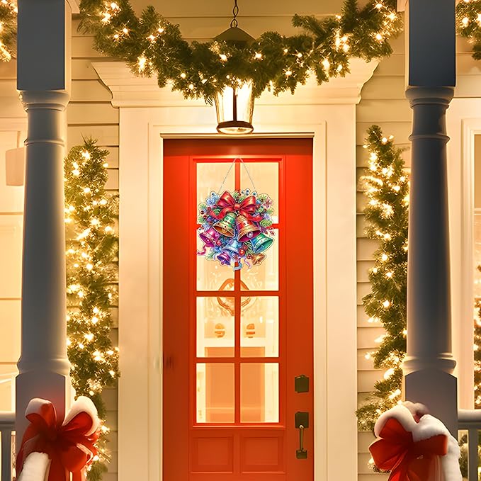 JJFox DIY Acrylic Diamond Art Painting Wreath Kits Special Shaped Rhinestone Diamond Art Window Pendants Home Garden Wall Hanging Kits Hanging Ornament (Christmas Bell)