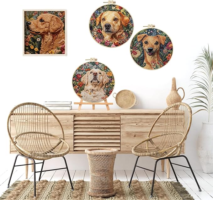 LB 4 Pack Cute Dog Flower Embroidery Kit for Beginners Funny Animal Beginner Embroidery Kit for Adults DIY Starter Kit with Embroidery Hoop Colorful Threads Tools Step by Step Instructions
