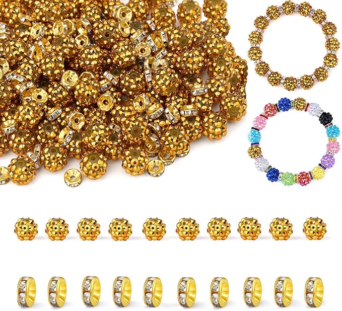 LAIDANLA 250pcs 12mm Gold Rhinestone Beads and 8mm Rondelle Spacer Beads for Beadable Pens, Sparkly Shamballa Disco Baseball Bead for DIY Jewelry Making, Bracelets, Necklaces, Earring Craft