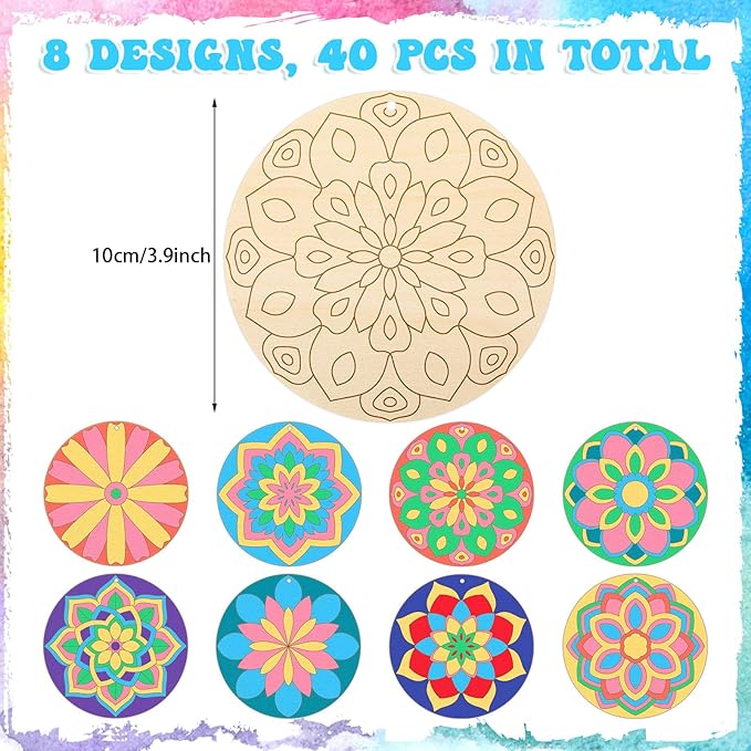 Blosssound 40 Pcs Unfinished Wood Mandala to Paint Wooden Mandala Painting Crafts Diwali Art Slices for Adult to Relax Painting DIY Crafts Ornament Wedding Home Decorations, 4 Inch(Stylish)