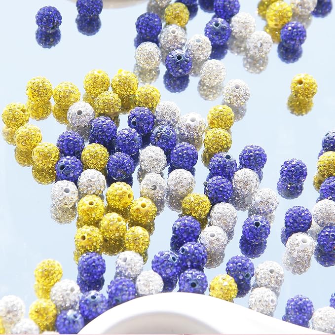 200 Pcs 10mm Rhinestone Beads for Jewelry Making, Blue Yellow White Shiny Round Shamballa Disco Baseball Necklace Beads Sparkle Crystal Clay Pave Rhinestones Bead for Bracelet Earring Keychain Making