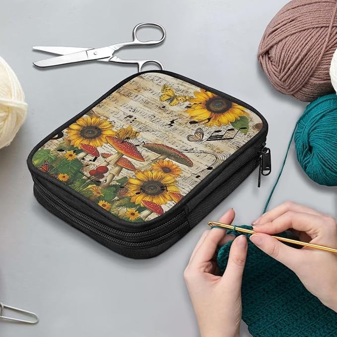 Hechitok Sunflower Mushroom Crochet Hook Case, Organizer Zipper Bag with Web Pockets for Various Crochet Needles and Knitting Accessories, Well Made and Easy to Carry
