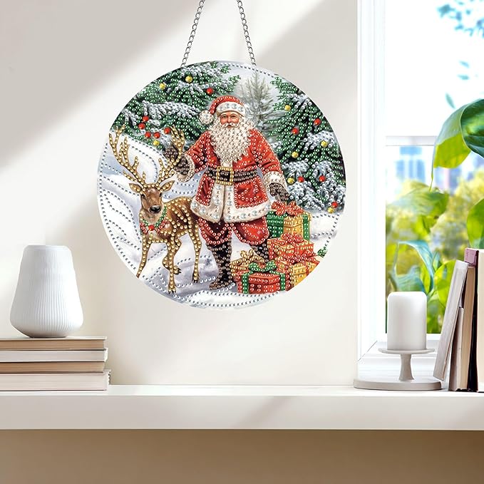 Wergund Christmas Diamond Art Hanging Kits, Hanging Diamond Art Santa Claus, Acrylic Special Shaped Rhinestone, Window Hanging Pendants for Home Wall Garden Front Door Outdoor Decor Gift(Christmas)