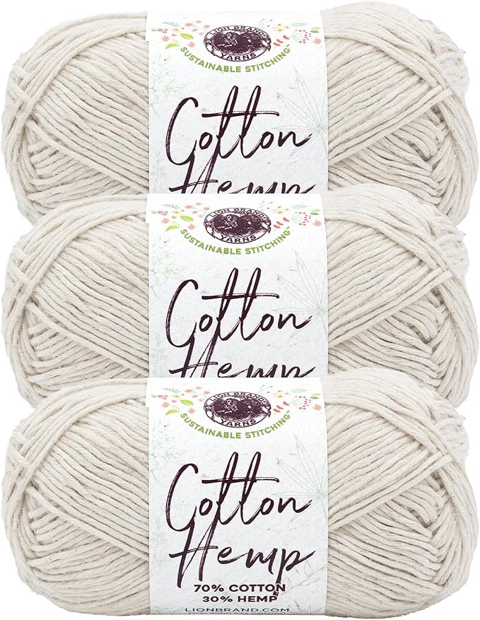 Lion Brand Yarn Cotton Hemp, Soft, Durable Yarn for Crochet and Knitting, 3 Pack, Husk