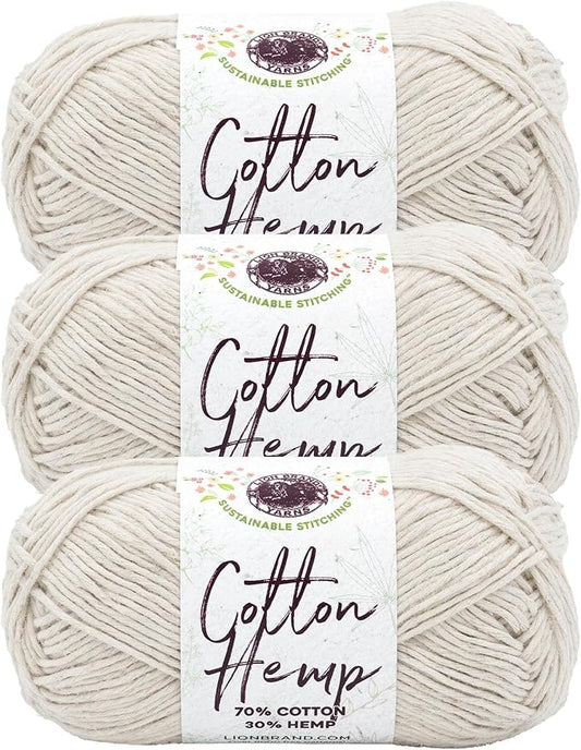 Lion Brand Yarn Cotton Hemp, Soft, Durable Yarn for Crochet and Knitting, 3 Pack, Husk