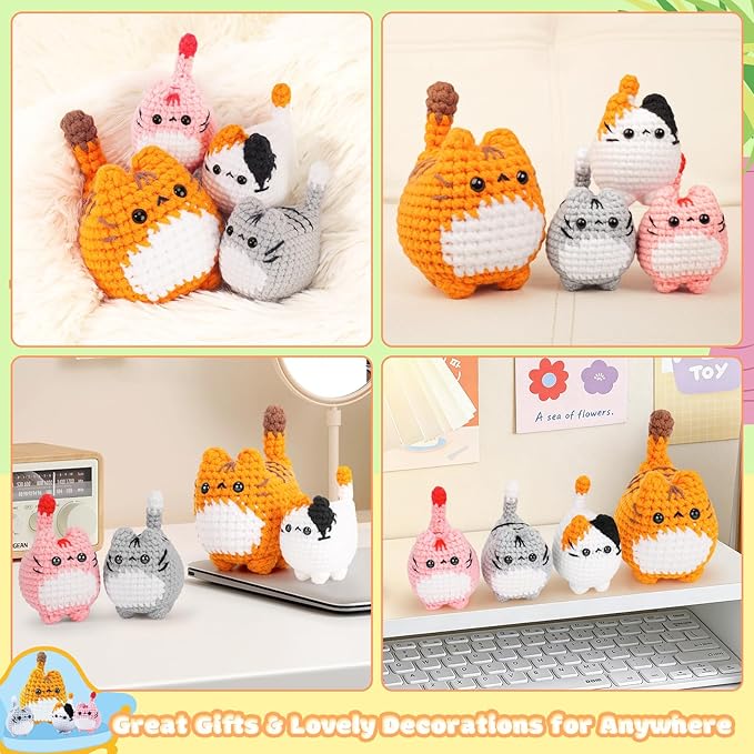 Crochet Kit for Beginners-4PCS Cat Crochet Kits for Adults, Teacher Appreciation Gifts, Crochet Starter Kit with Step-by-Step Video Tutorials, Crochet Animals Kits DIY Craft Kit Learn to Crochet Kits