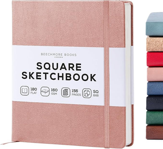 Beechmore Books Square Mixed Media Sketchbook - 8x8 Inch Professional Art Journal, 160 GSM / 98 lb Ivory Paper, Perforated Pages, Vegan Leather Hardcover, Lay-Flat Design for Drawing & Doodling
