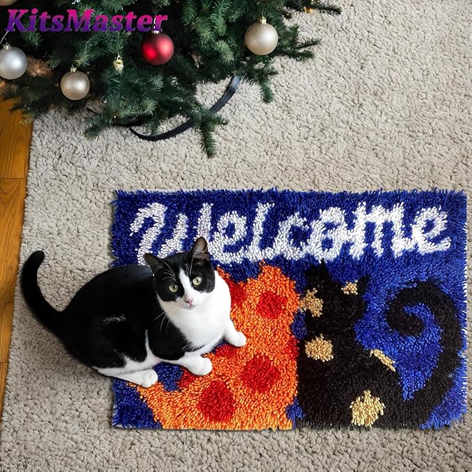 KitsMaster Welcome Cats Latch Hook Kit – Cozy Feline Doormat | Cat Lover's DIY Latch Hook Kit with Pre-Printed Canvas, Yarn & Tool- DIY Craft for Home Decor 23.6''x15.8'' (Welcome Cats)