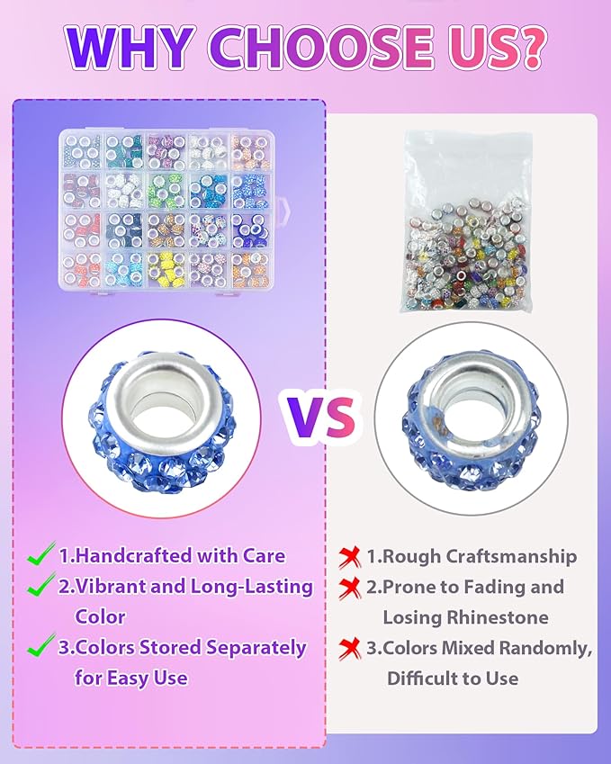 200pcs fiveizero rhinestone large hole beads for jewelry making, 20 colors rhinestone european bead bulk spacer beads for beadable pens, diy crafts