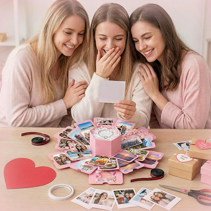 Koogel Explosion Gift Box, Surprise Picture Love Box Pink Exploding Photo Album with DIY Scrapbooking Accessories for Birthday Wedding
