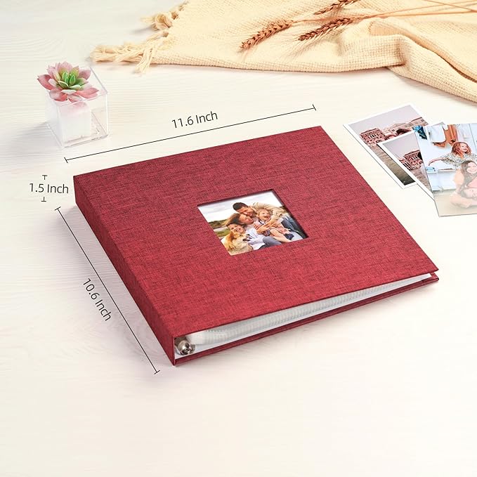 Mublalbum 10x10 Inch DIY Scrapbook Photo Album with 40 Plastic Sleeves 80 Pages Linen Cover 3 Ring Folder Binder for Wedding Baby Family and DIY Projects (Red)