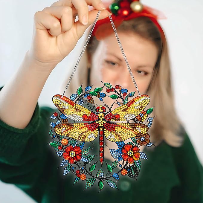 Hanging Diamond Art Kits for Adults Dragonfly Animal – 8x8 Inch Double-Sided Acrylic Board DIY Crystal Diamond Suncatcher Pendant, Sparkling Home Wall or Window Decoration Handmade Gift