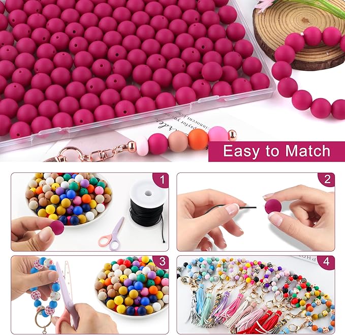 160Pcs 12mm Silicone Beads for Keychain Making Bracelet Necklace, Bulk Round Silicone Beads for Pens(Magenta)