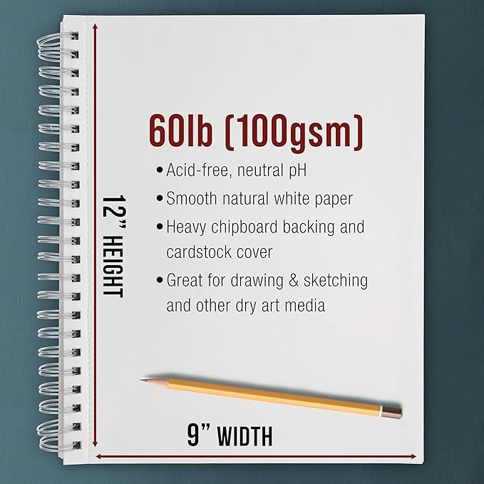 u.s. art supply 9"x12" sketch book pad, 2 pack (100 sheets each), 60lb (100gsm) spiral bound - sketching, drawing pad, acid-free paper - sketch pads for adults, students: colored pencils, charcoal