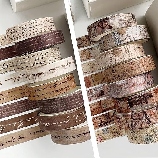 16 Rolls Vintage Washi Tape Set with Handwritten Text, Retro Junk Books Design, Thin Retro Decorative Antique Patterns Masking Tape for Scrapbook, Journals, Planners, DIY Crafts
